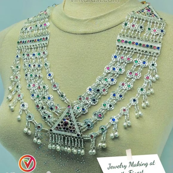 Multilayers Kuchi Tribal Bib Necklace With Multicolor Glass Stones - Picture 4 of 8